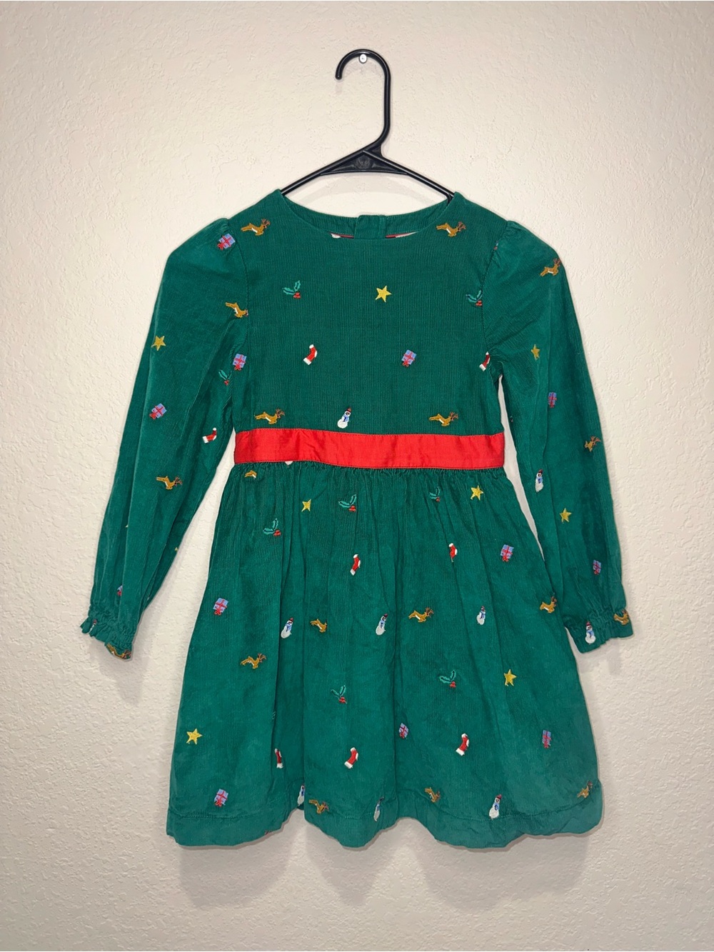 Mini Boden Green Holiday Corduroy Christmas Dress Red Bow and Petticoat 7-8 Yrs